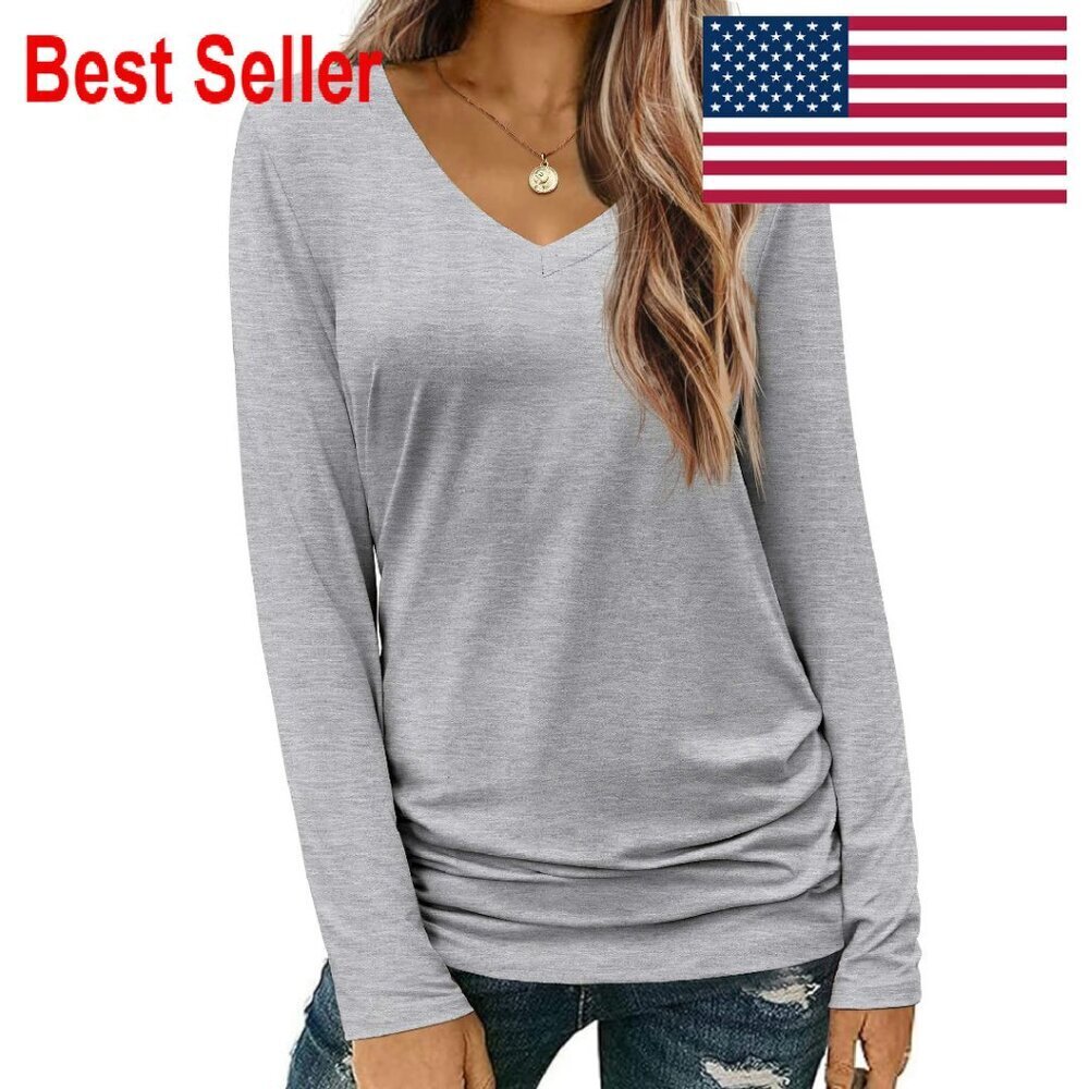 V-Neck Long Sleeve Tee Soft Stretchy Loose Fit Casual Basic Top Minimal Chic